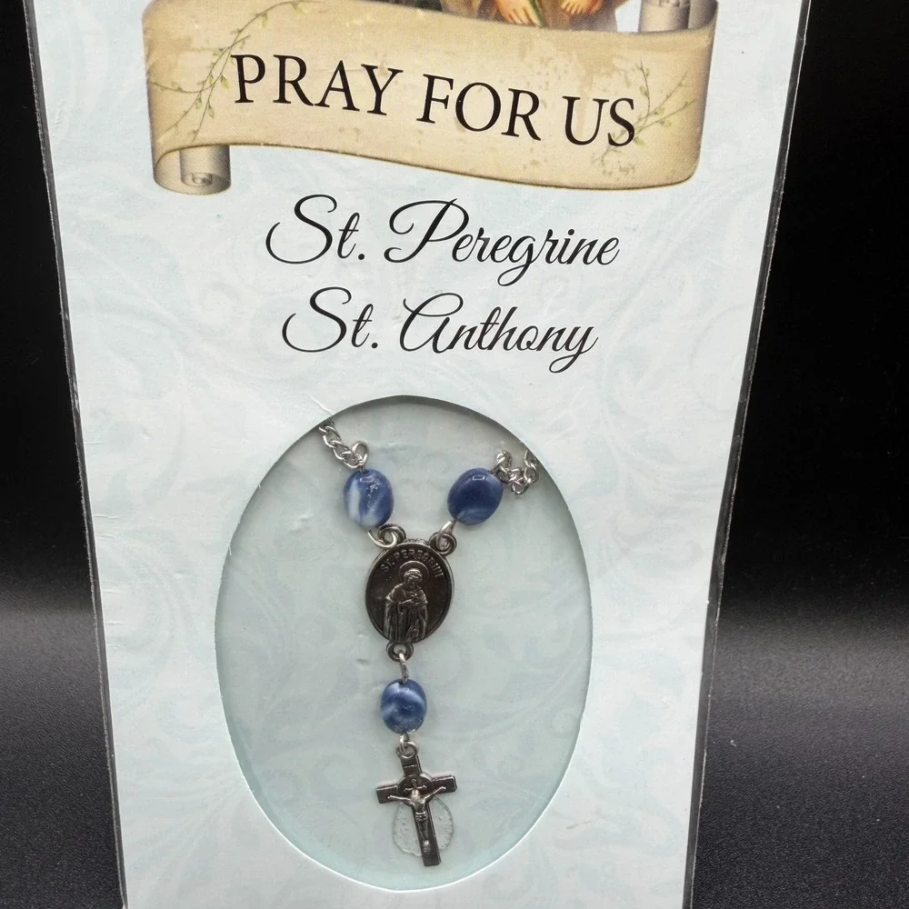 St Peregrine St Anthony Rosary Necklace Blue Beads Crucifix Catholic Prayer Gift